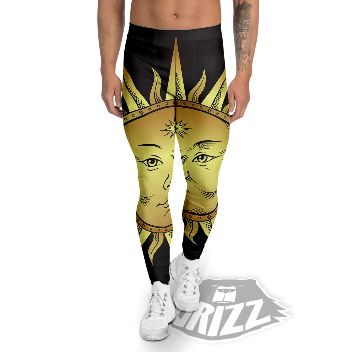 Celestial Sun Gold And Black Print Men's Leggings-grizzshop