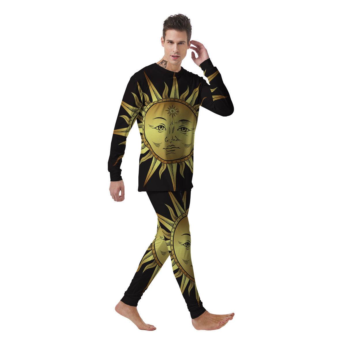 Celestial Sun Gold And Black Print Men's Pajamas-grizzshop