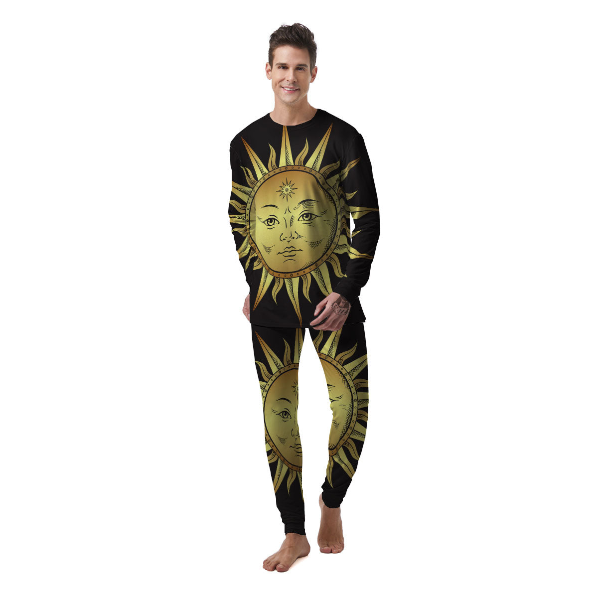 Celestial Sun Gold And Black Print Men's Pajamas-grizzshop