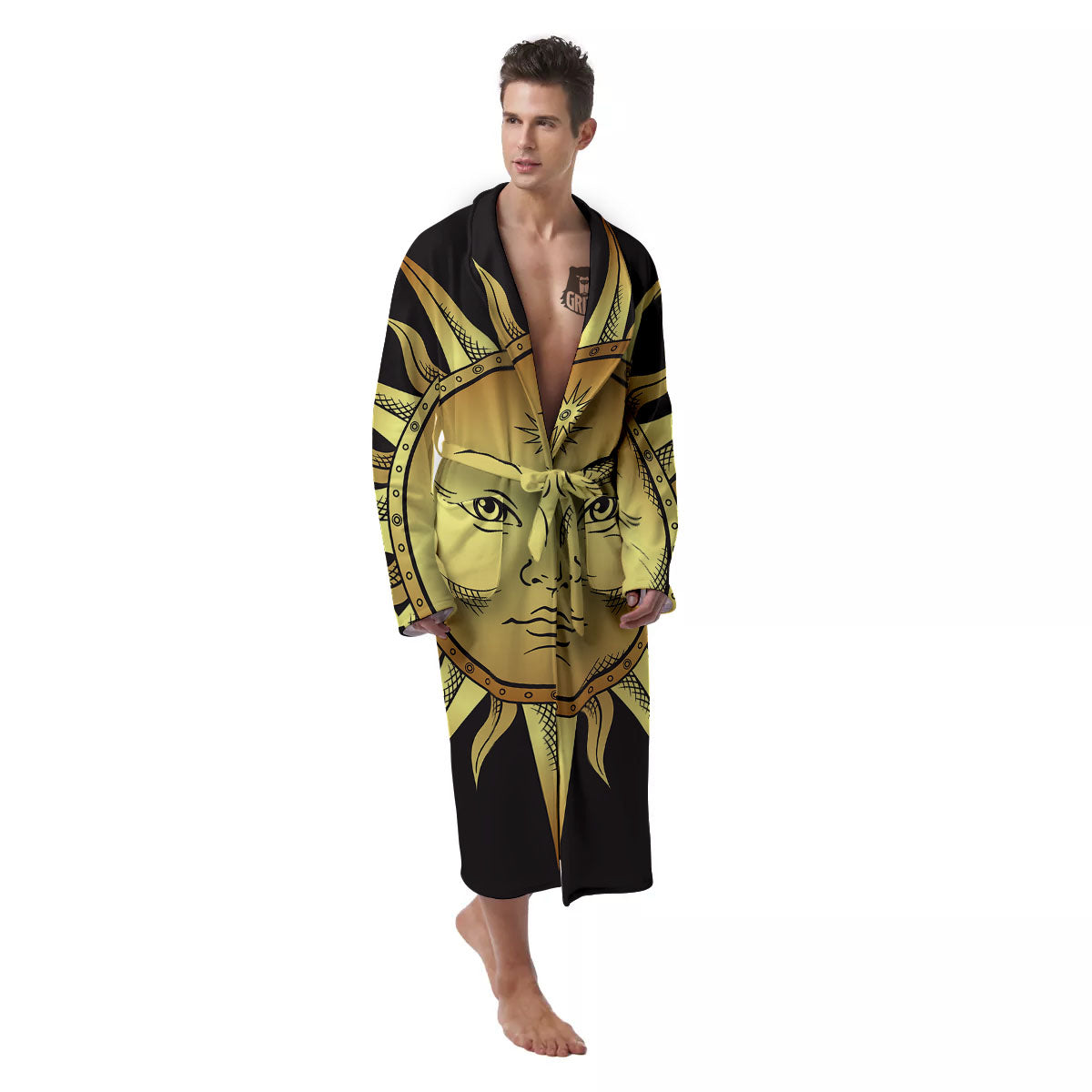 Celestial Sun Gold And Black Print Men's Robe-grizzshop