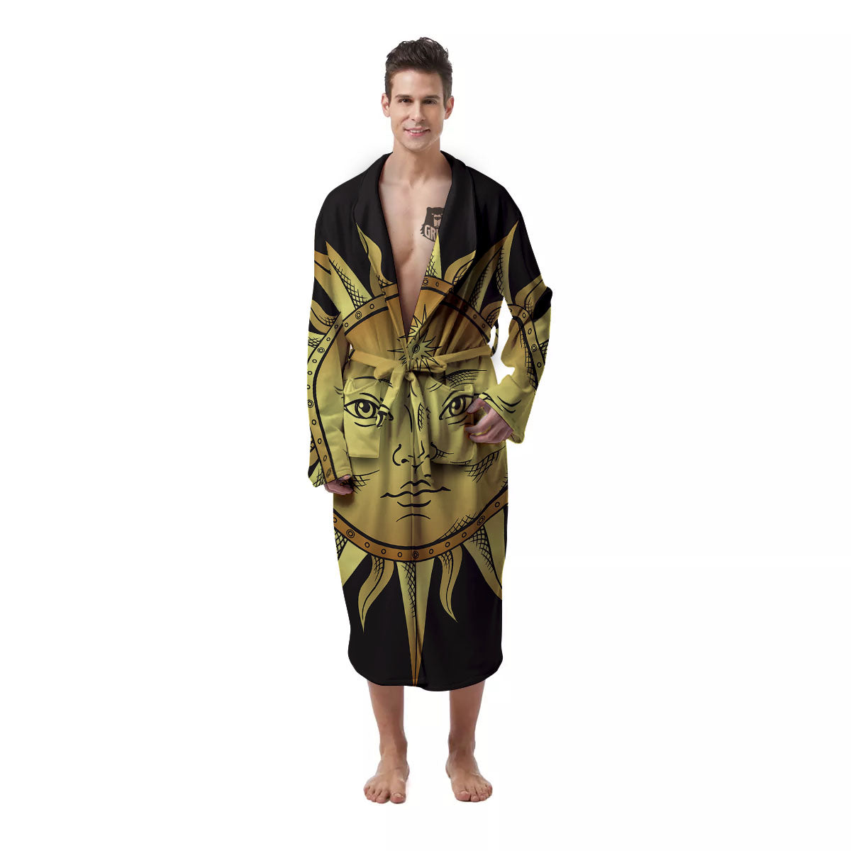 Celestial Sun Gold And Black Print Men's Robe-grizzshop