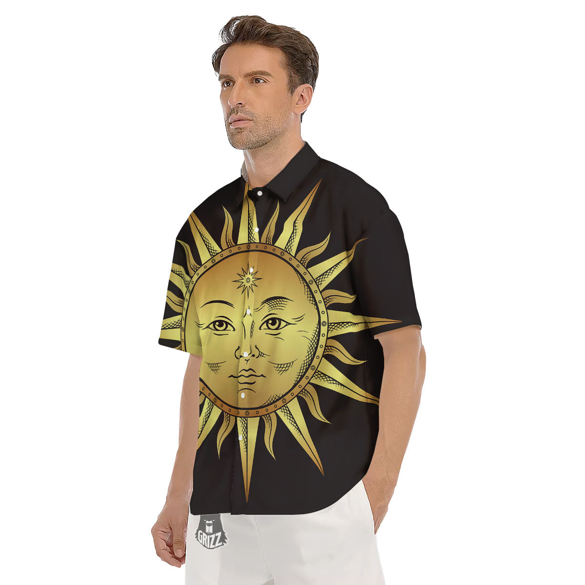 Celestial Sun Gold And Black Print Men's Short Sleeve Shirts-grizzshop