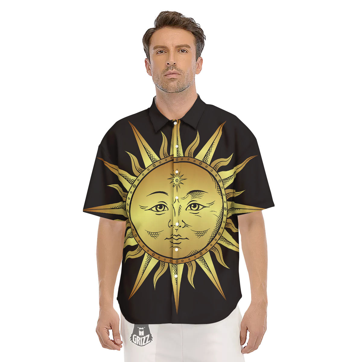 Celestial Sun Gold And Black Print Men's Short Sleeve Shirts-grizzshop