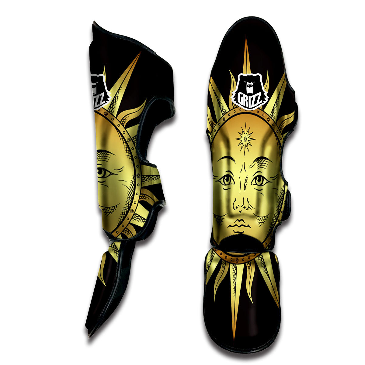 Celestial Sun Gold And Black Print Muay Thai Shin Guards-grizzshop