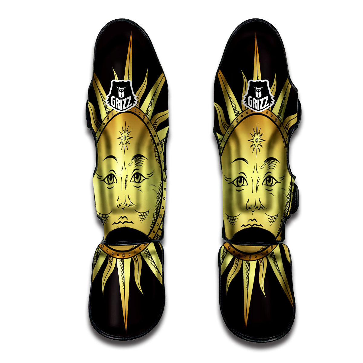Celestial Sun Gold And Black Print Muay Thai Shin Guards-grizzshop