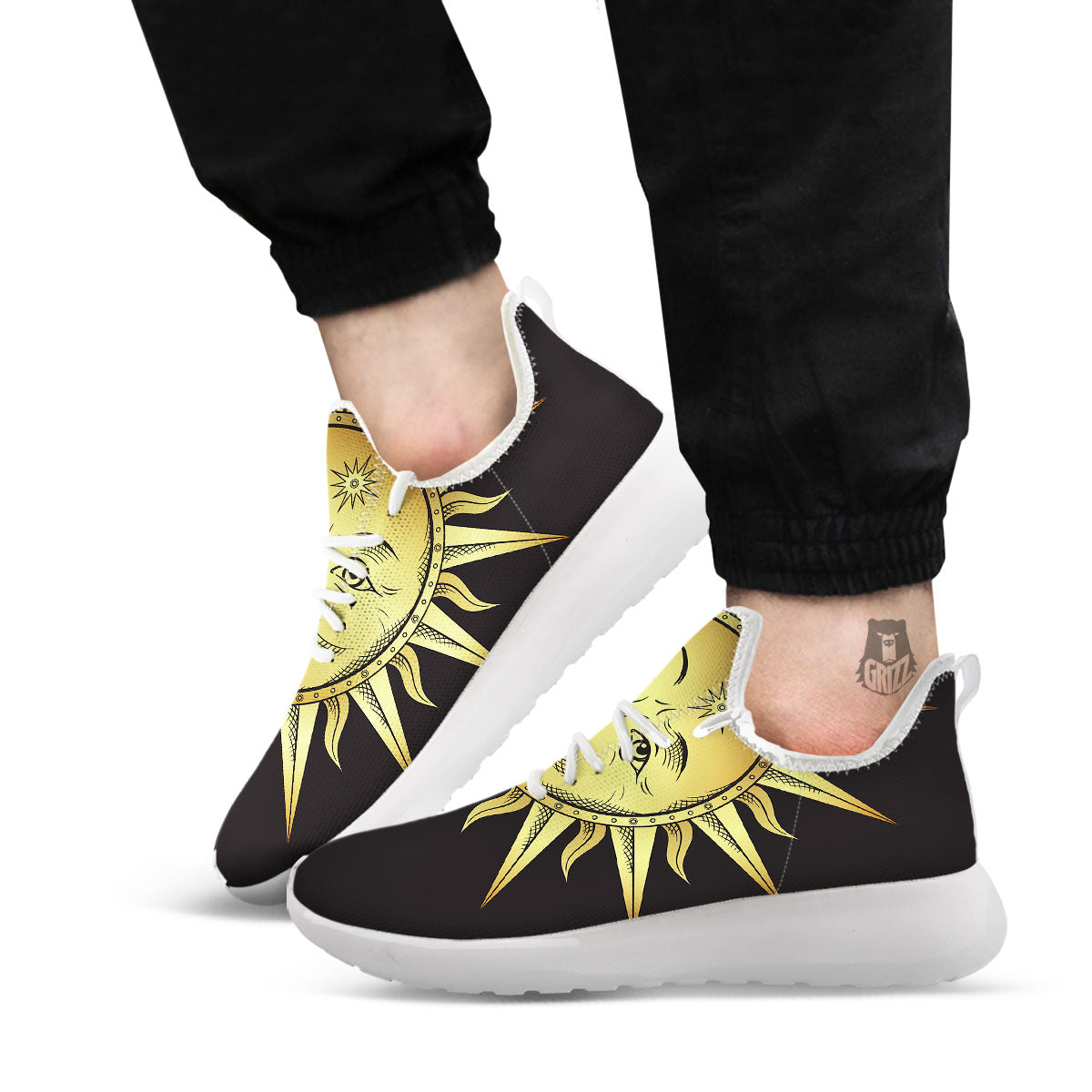 Celestial Sun Gold And Black Print White Athletic Shoes-grizzshop