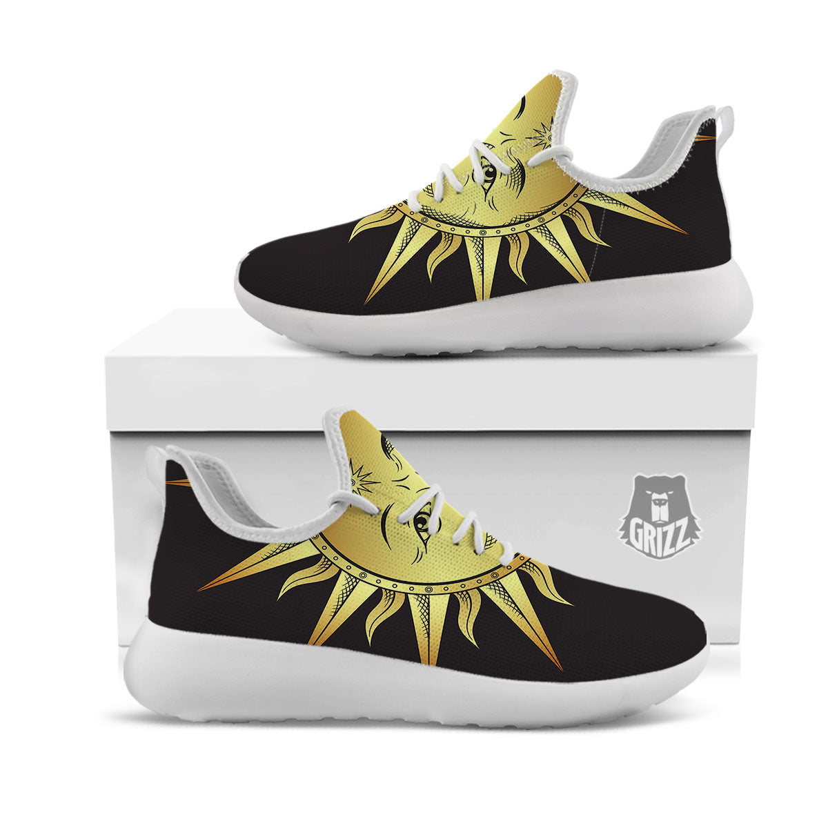 Celestial Sun Gold And Black Print White Athletic Shoes-grizzshop