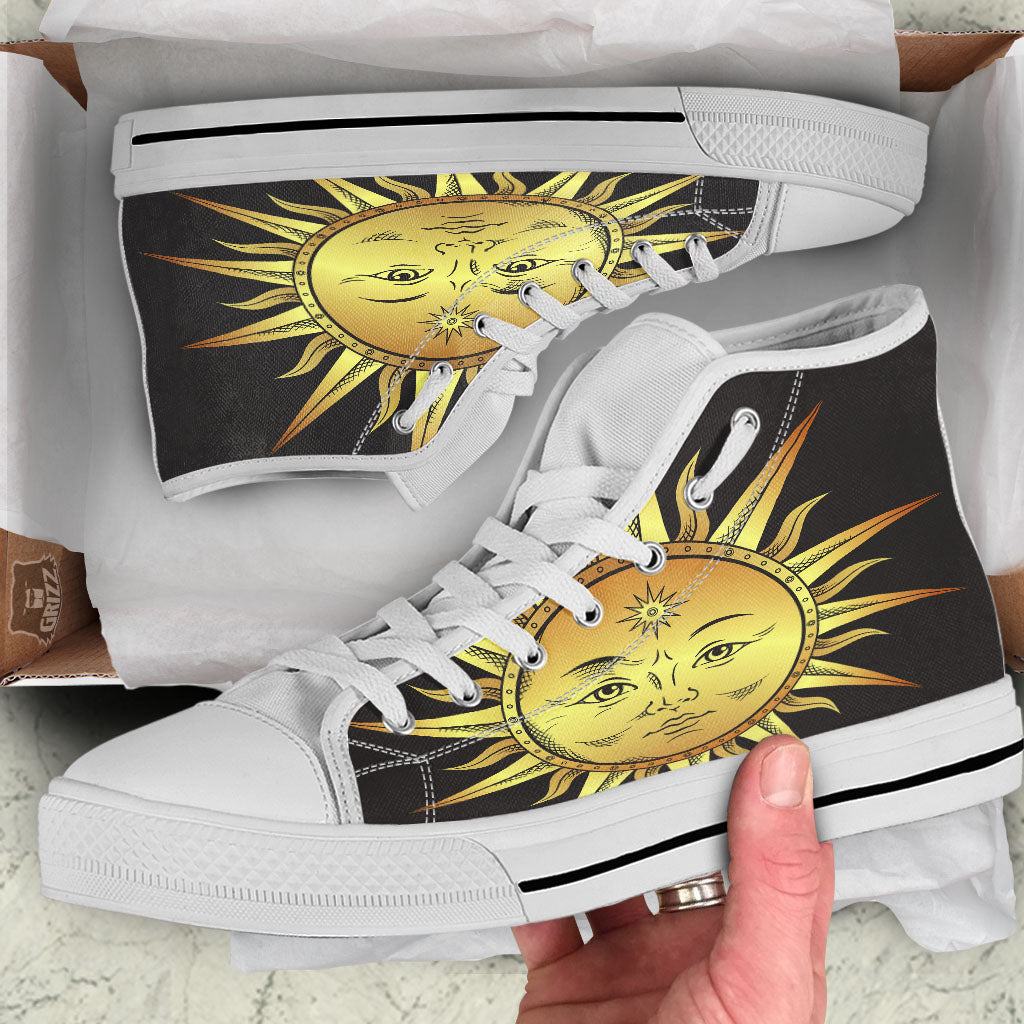 Celestial Sun Gold And Black Print White High Top Shoes-grizzshop