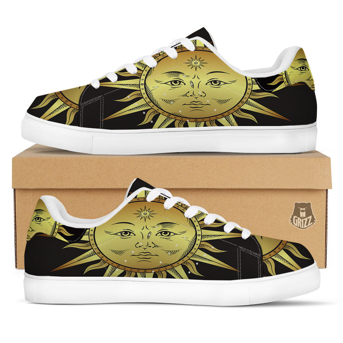 Celestial Sun Gold And Black Print White Low Top Sneakers-grizzshop