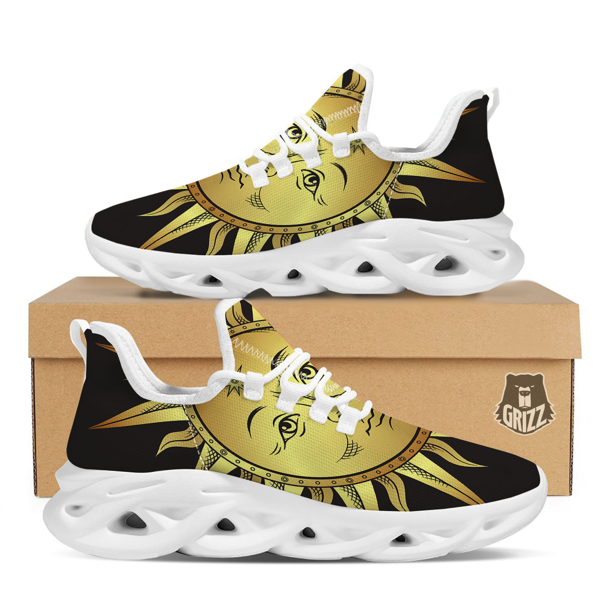 Celestial Sun Gold And Black Print White Running Shoes-grizzshop