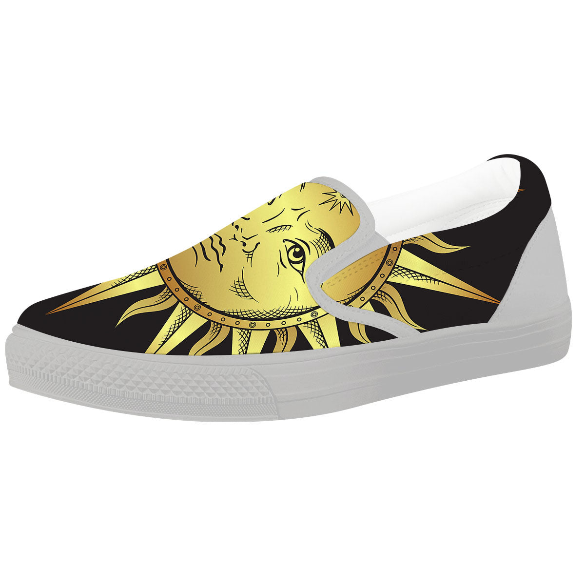 Celestial Sun Gold And Black Print White Slip On Shoes-grizzshop