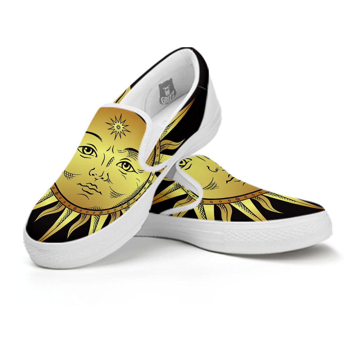 Celestial Sun Gold And Black Print White Slip On Shoes-grizzshop