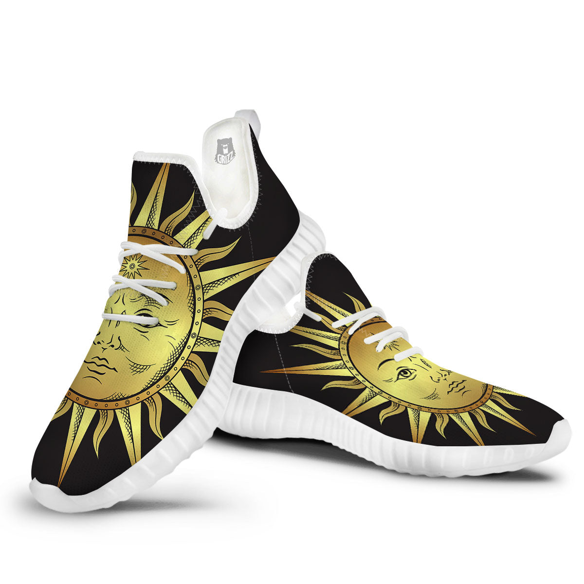 Celestial Sun Gold And Black Print White Walking Shoes-grizzshop