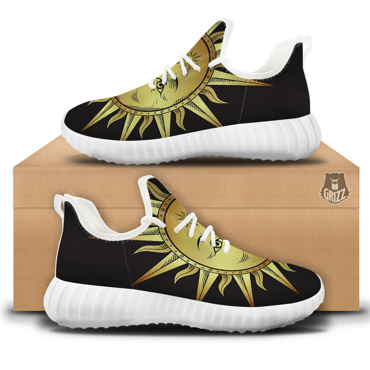 Celestial Sun Gold And Black Print White Walking Shoes-grizzshop