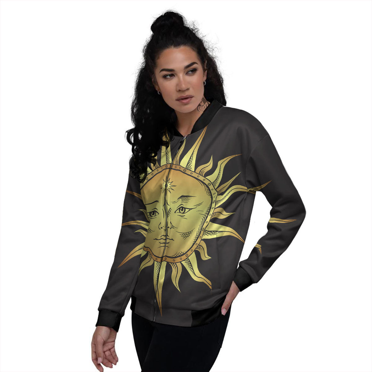 Celestial Sun Gold And Black Print Women's Bomber Jacket-grizzshop