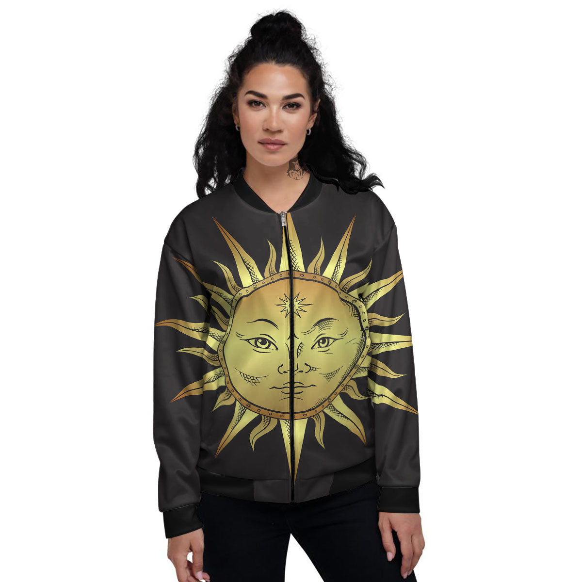 Celestial Sun Gold And Black Print Women's Bomber Jacket-grizzshop