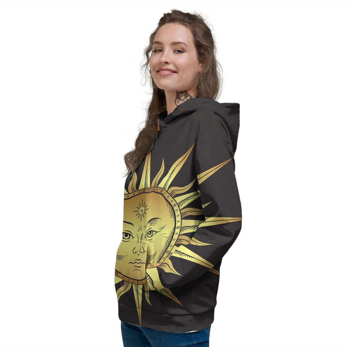 Celestial Sun Gold And Black Print Women's Hoodie-grizzshop
