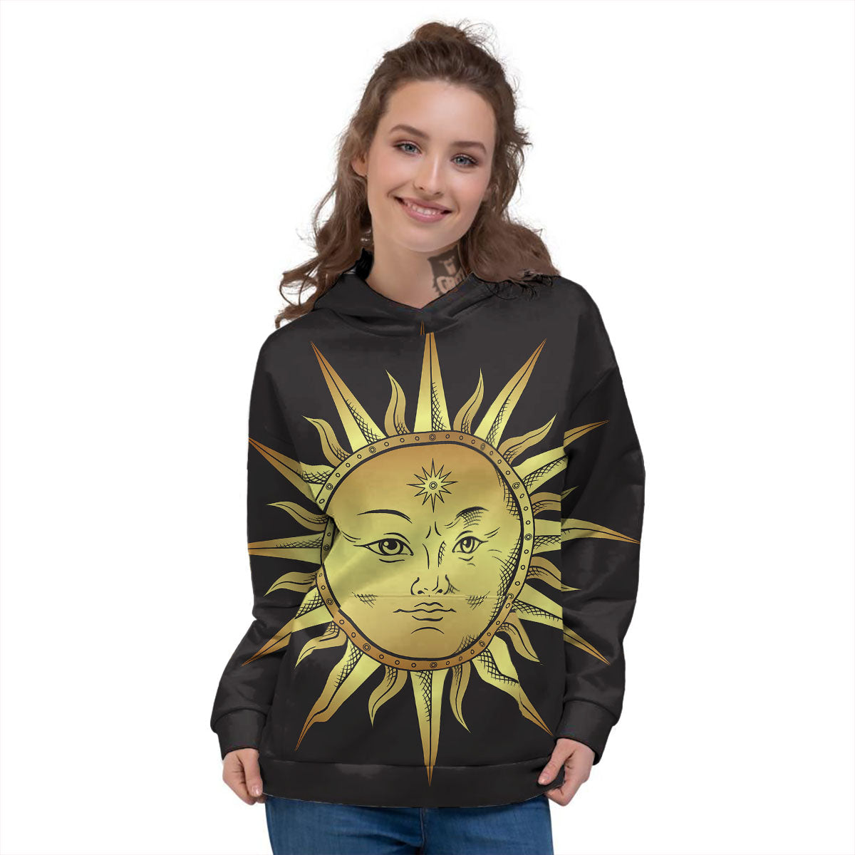 Celestial Sun Gold And Black Print Women's Hoodie-grizzshop
