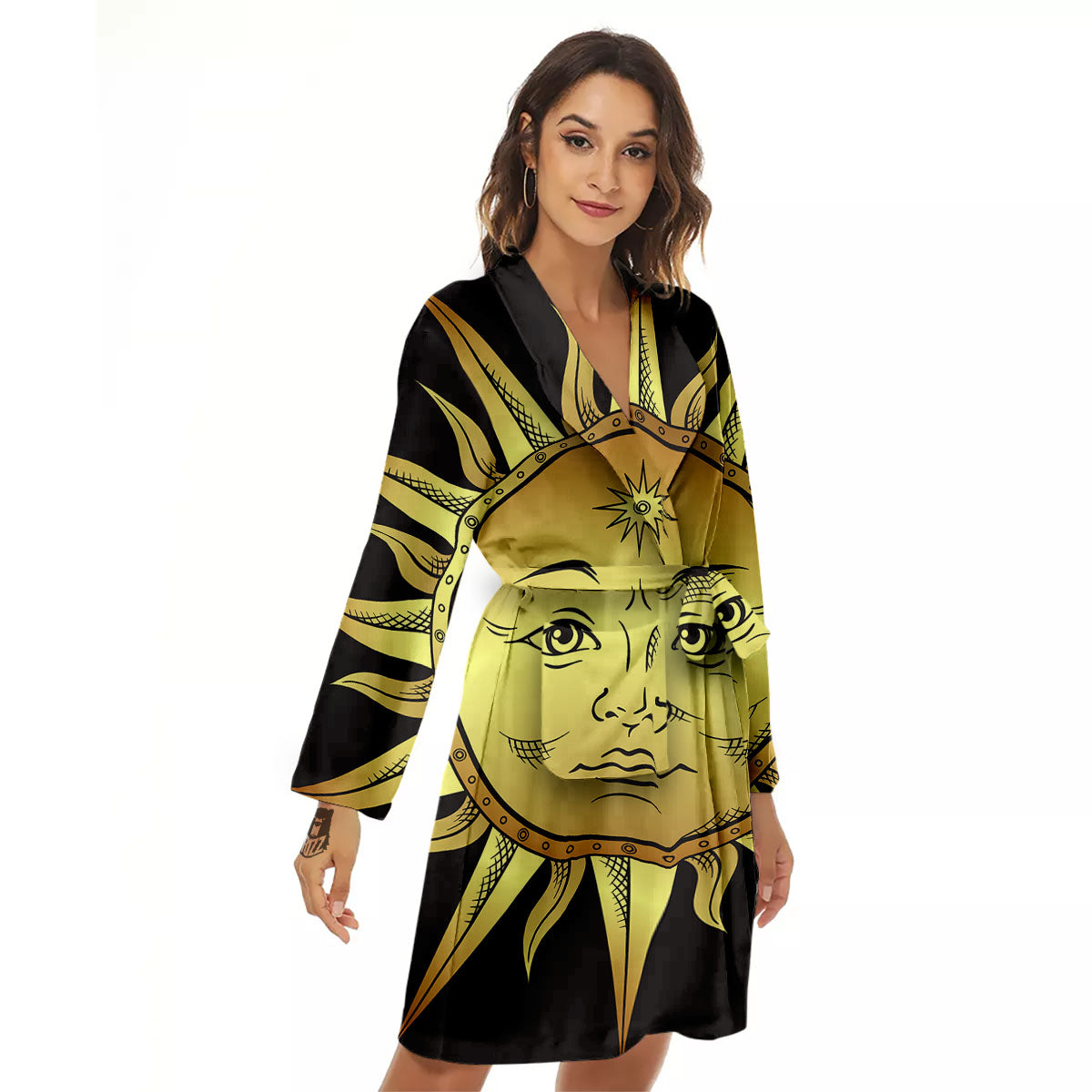 Celestial Sun Gold And Black Print Women's Robe-grizzshop