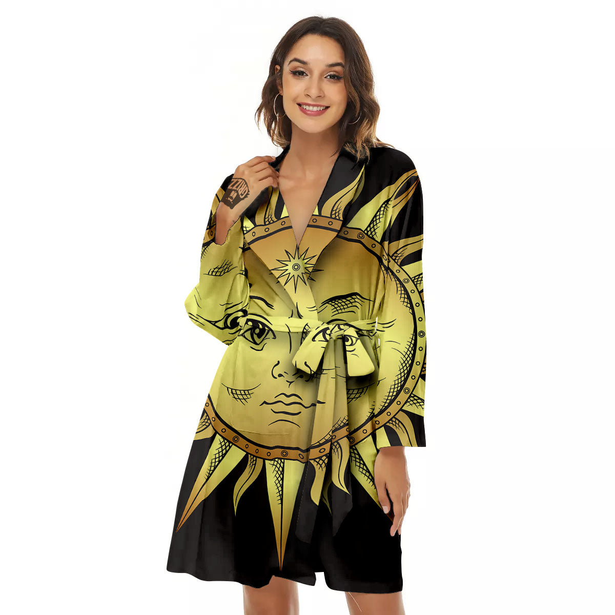 Celestial Sun Gold And Black Print Women's Robe-grizzshop