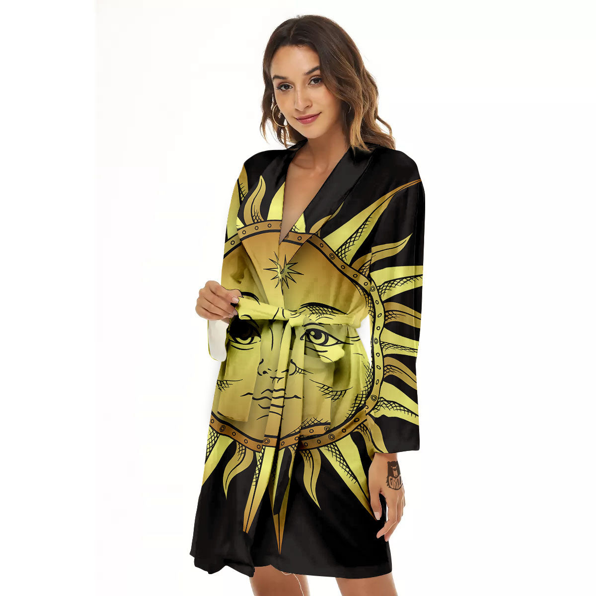 Celestial Sun Gold And Black Print Women's Robe-grizzshop