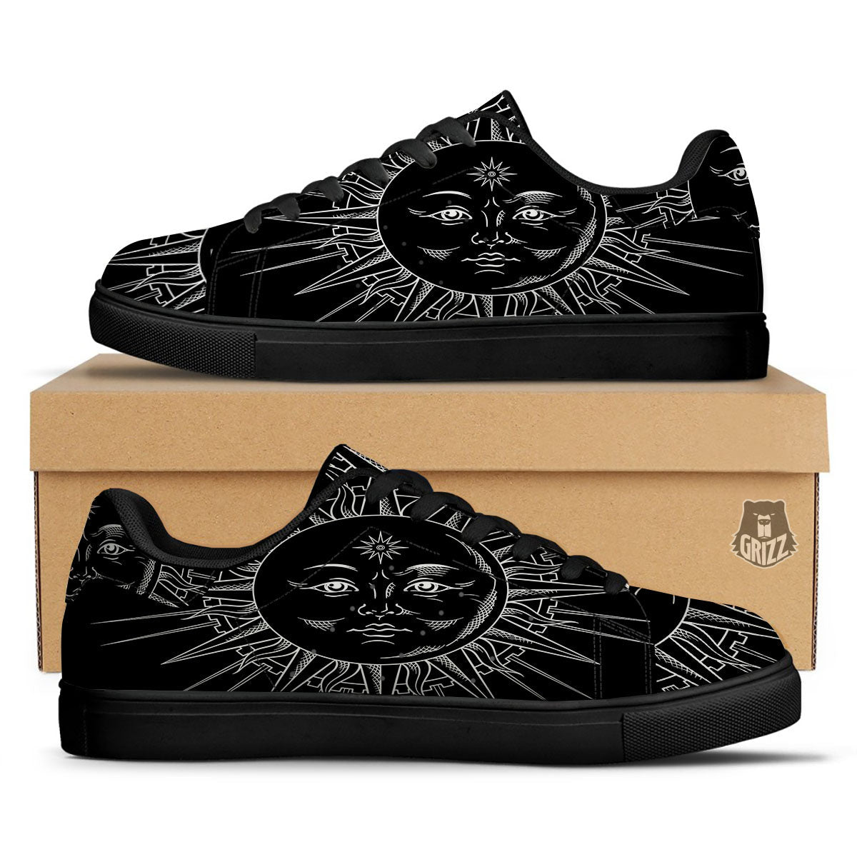 Celestial Sun White And Black Print Black Low Top Sneakers-grizzshop