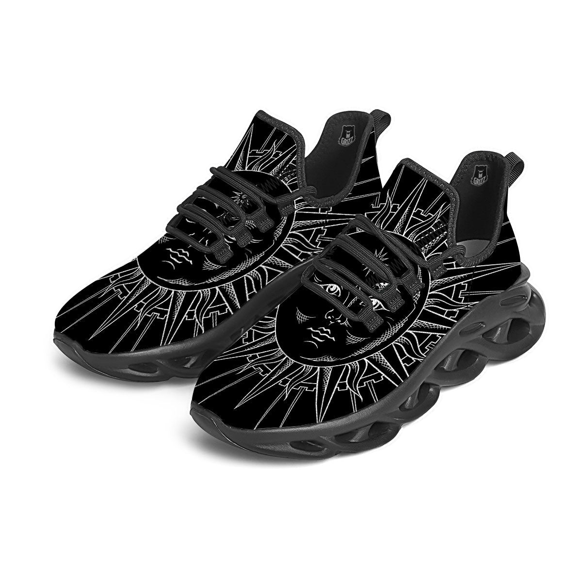 Celestial Sun White And Black Print Black Running Shoes-grizzshop