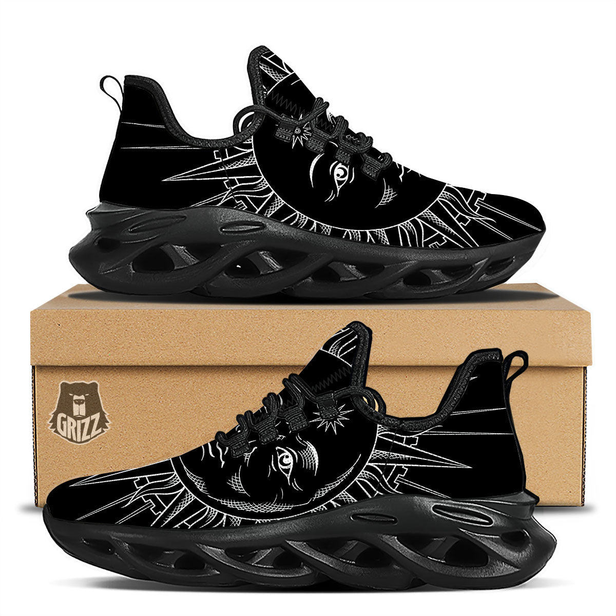 Celestial Sun White And Black Print Black Running Shoes-grizzshop