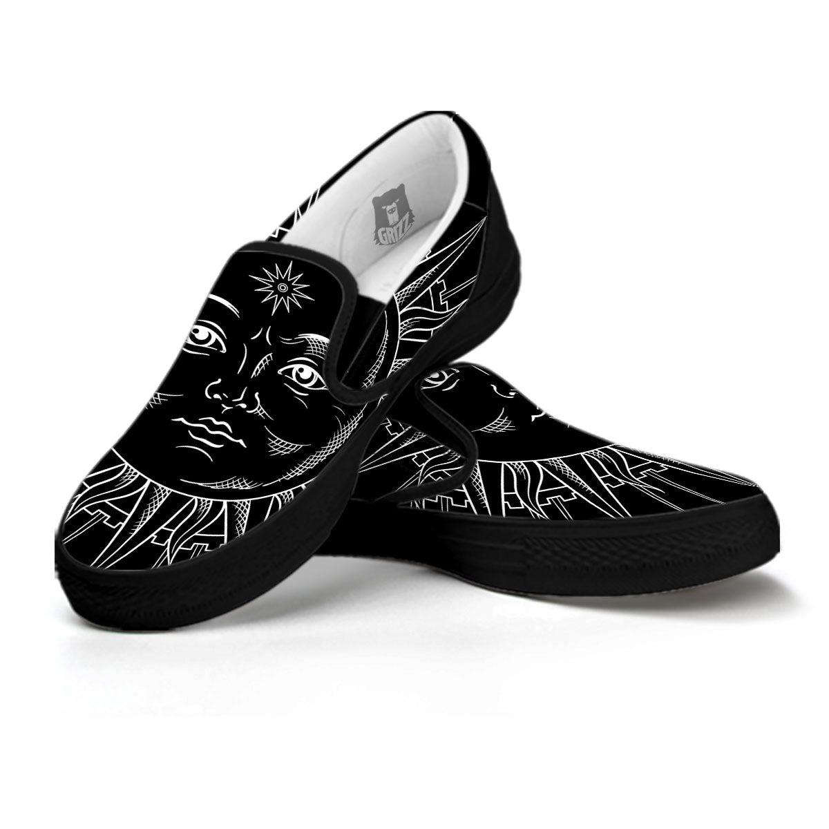 Celestial Sun White And Black Print Black Slip On Shoes-grizzshop