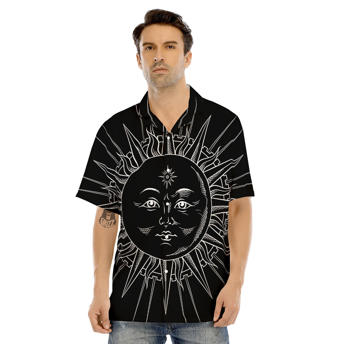 Celestial Sun White And Black Print Men's Hawaiian Shirt-grizzshop