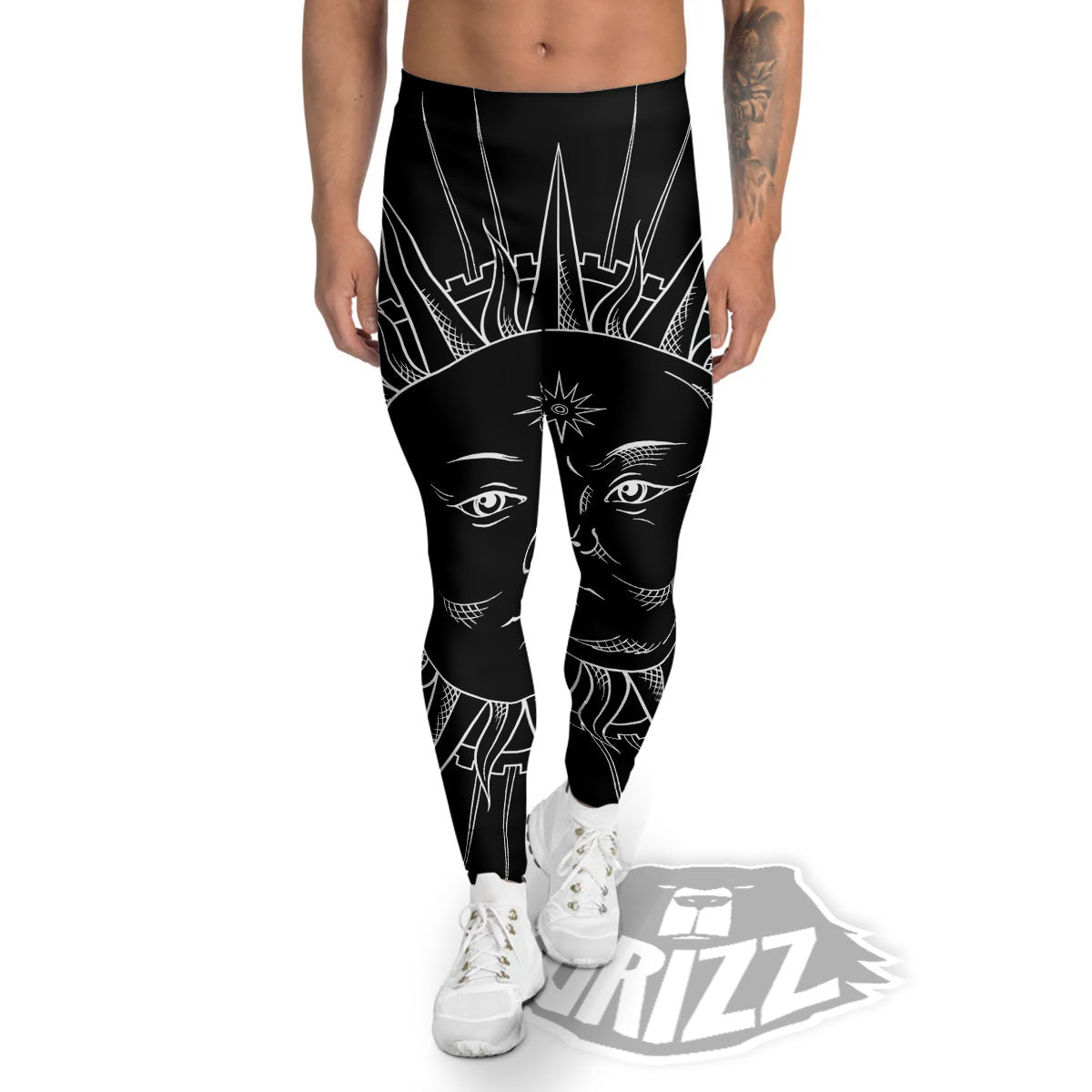 Celestial Sun White And Black Print Men's Leggings-grizzshop