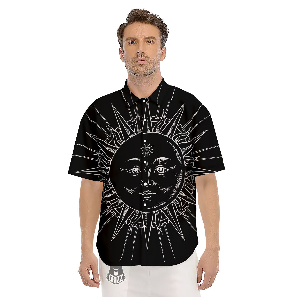 Celestial Sun White And Black Print Men's Short Sleeve Shirts-grizzshop