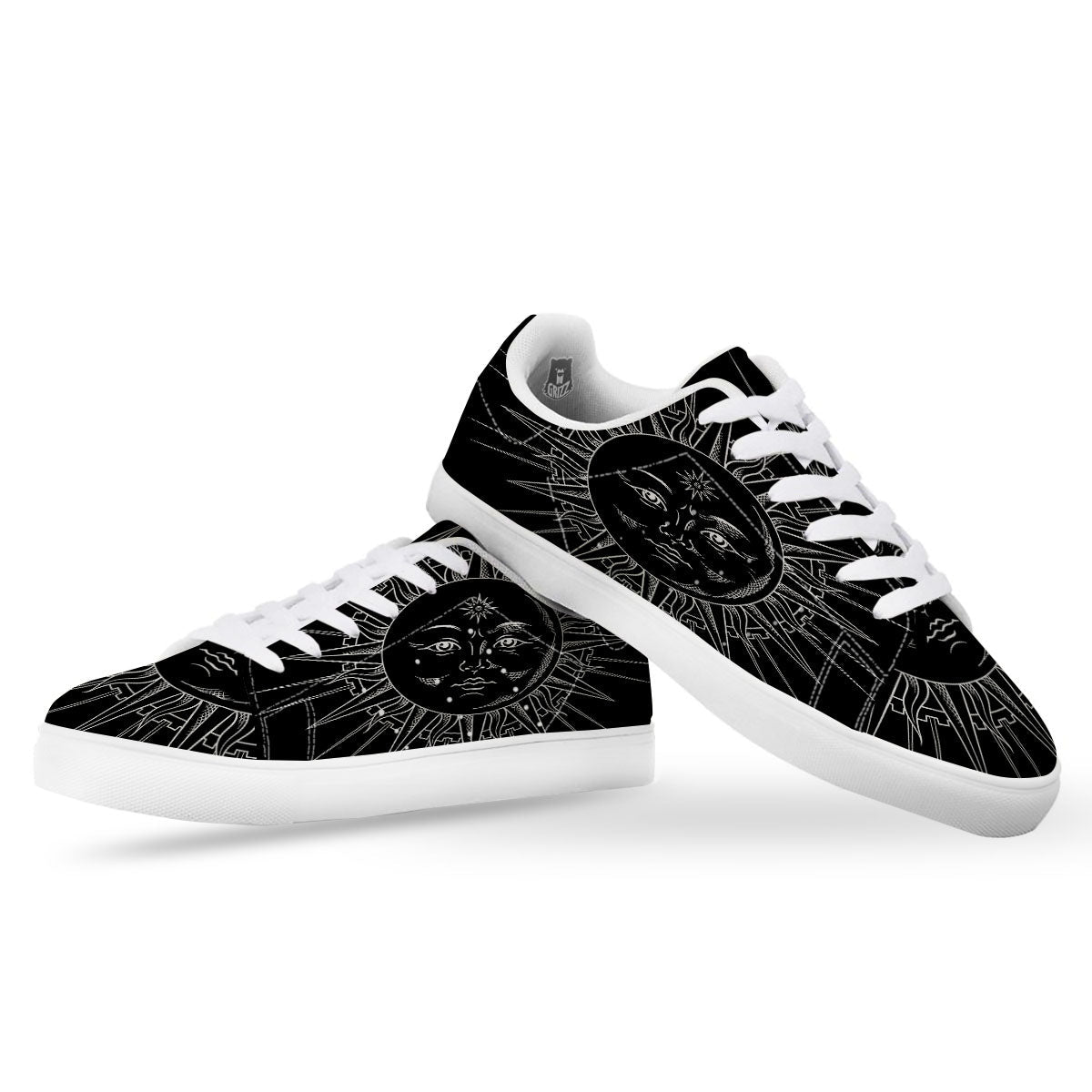 Celestial Sun White And Black Print White Low Top Sneakers-grizzshop