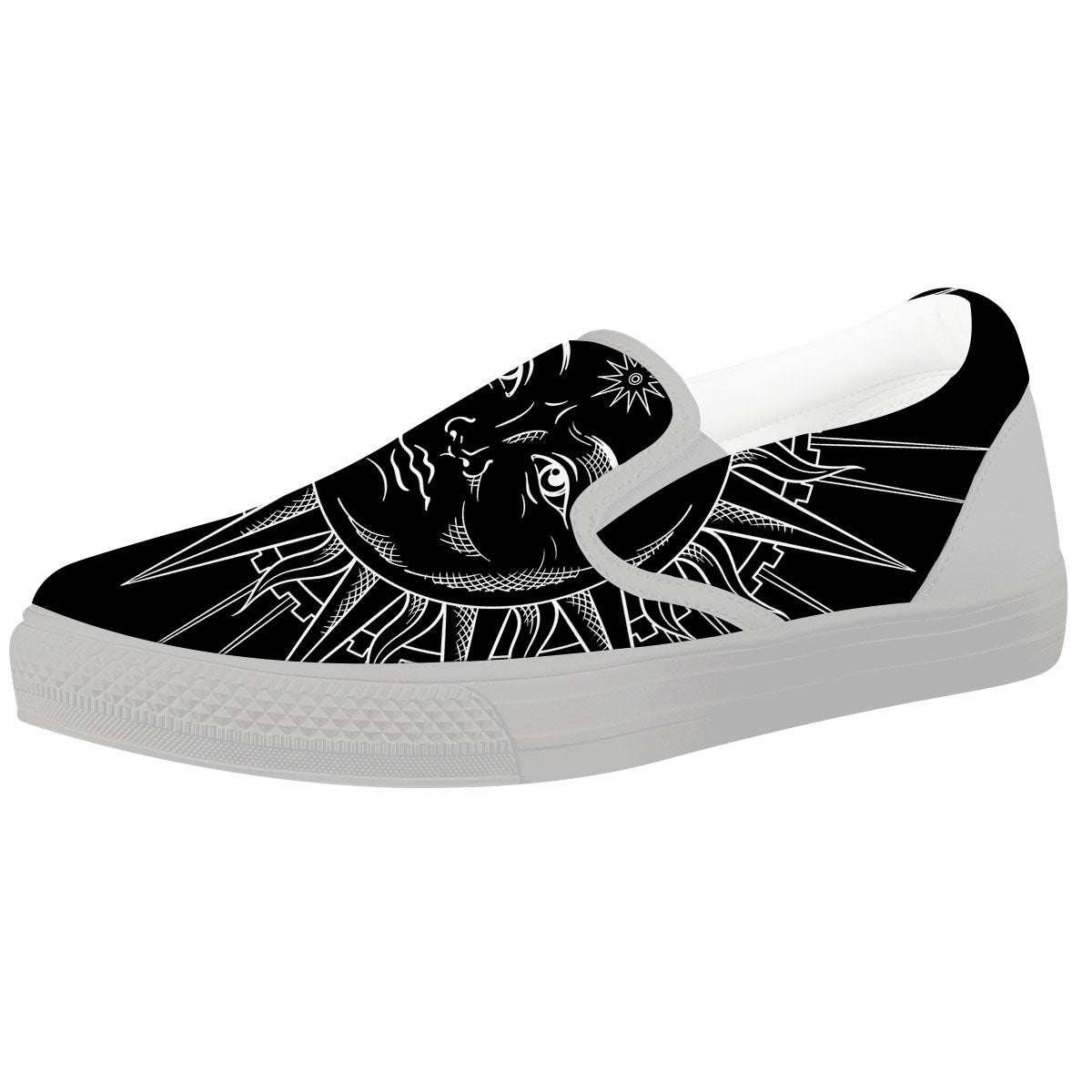 Celestial Sun White And Black Print White Slip On Shoes-grizzshop