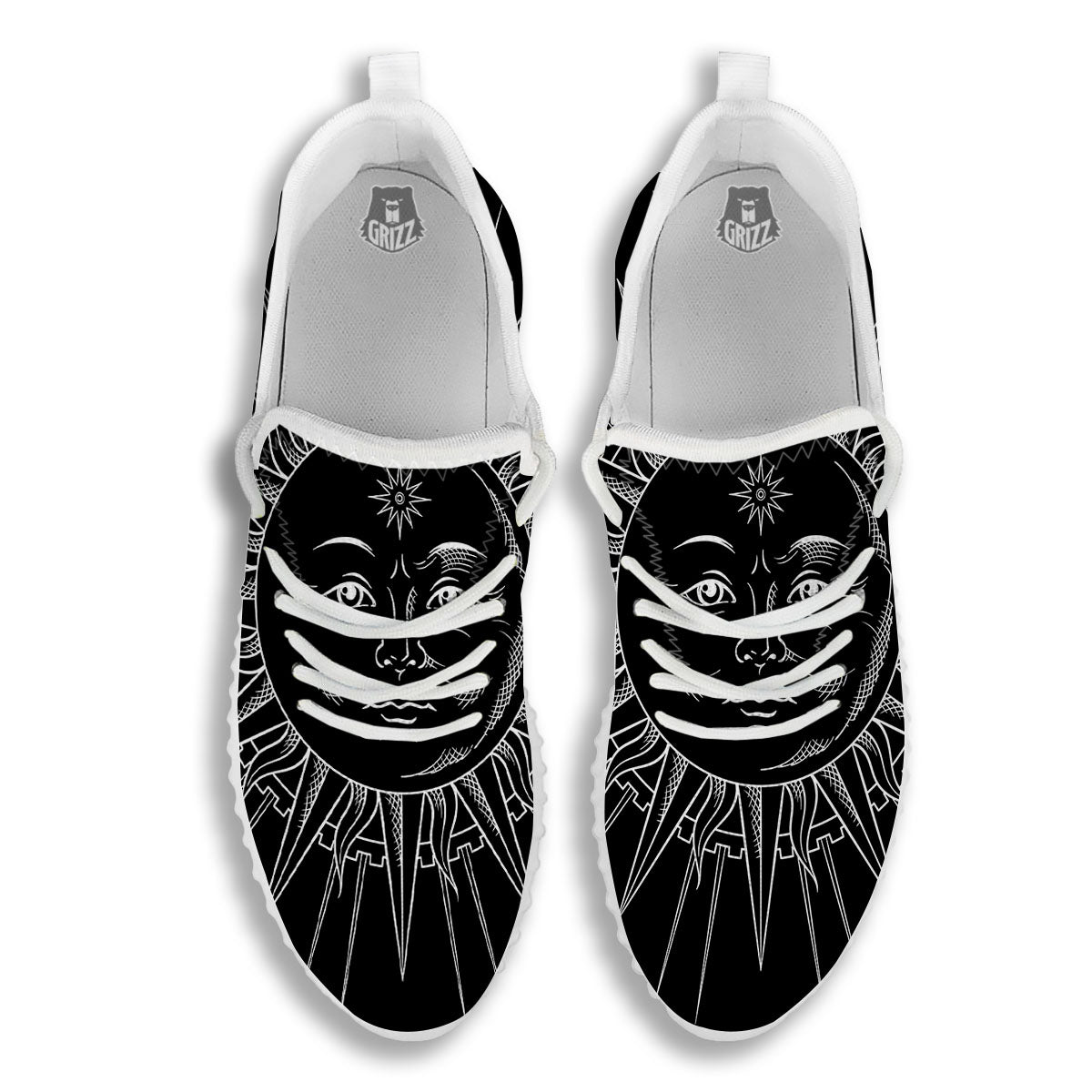 Celestial Sun White And Black Print White Walking Shoes-grizzshop