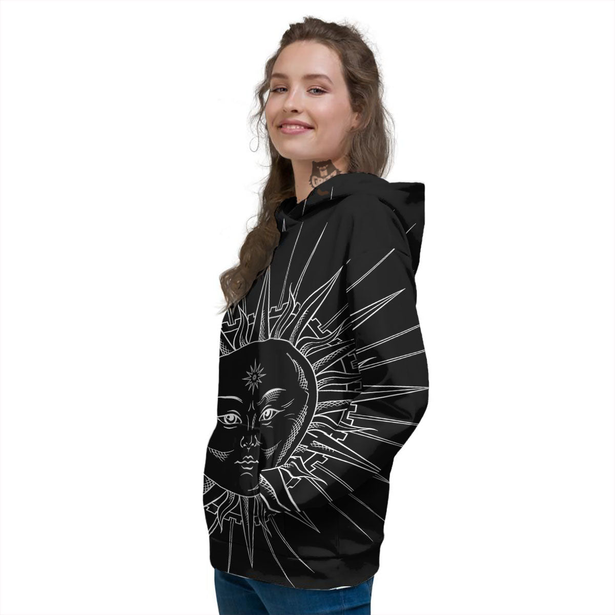 Celestial Sun White And Black Print Women's Hoodie-grizzshop