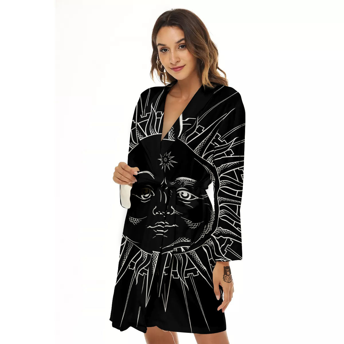 Celestial Sun White And Black Print Women's Robe-grizzshop