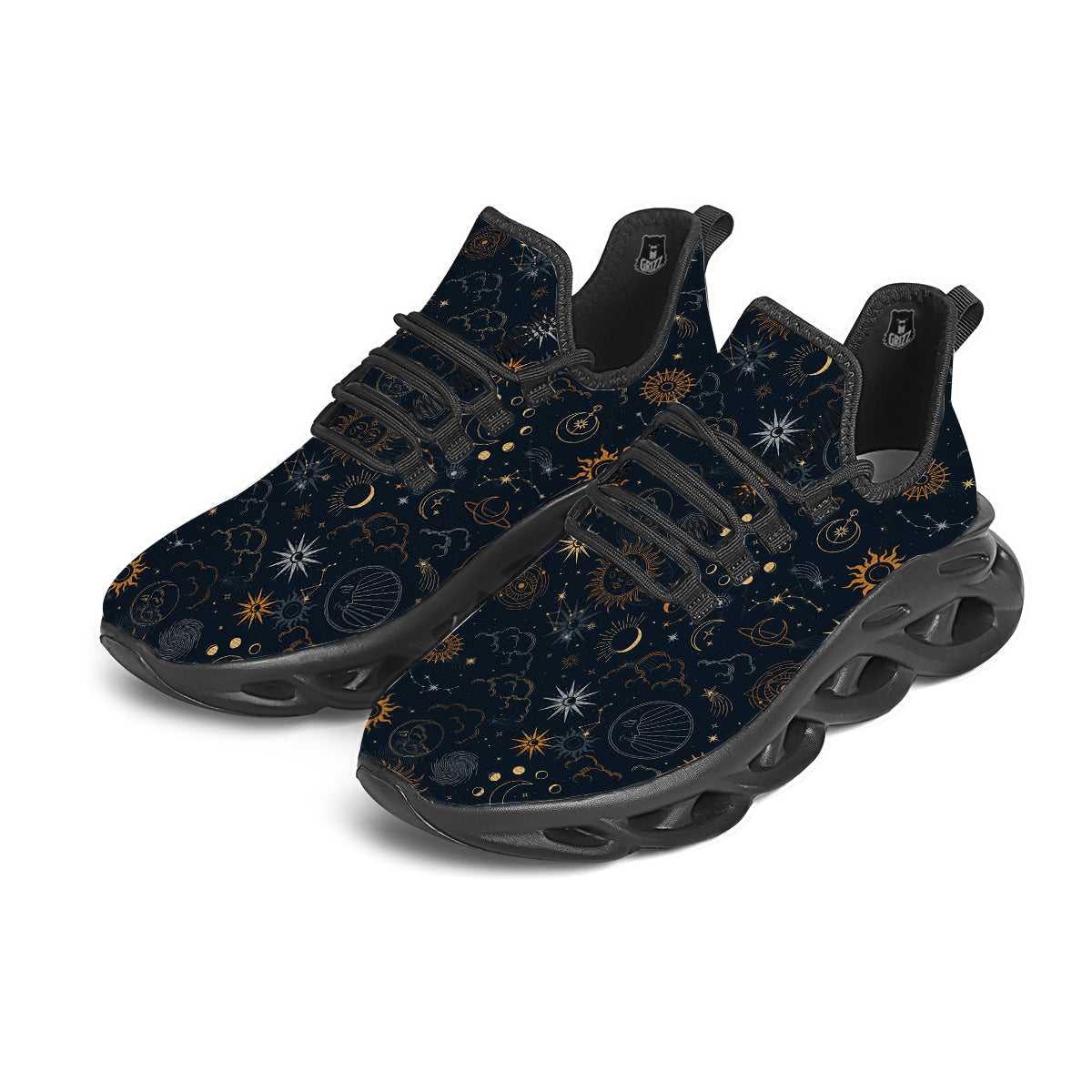 Celestial Vintage Print Pattern Black Running Shoes-grizzshop