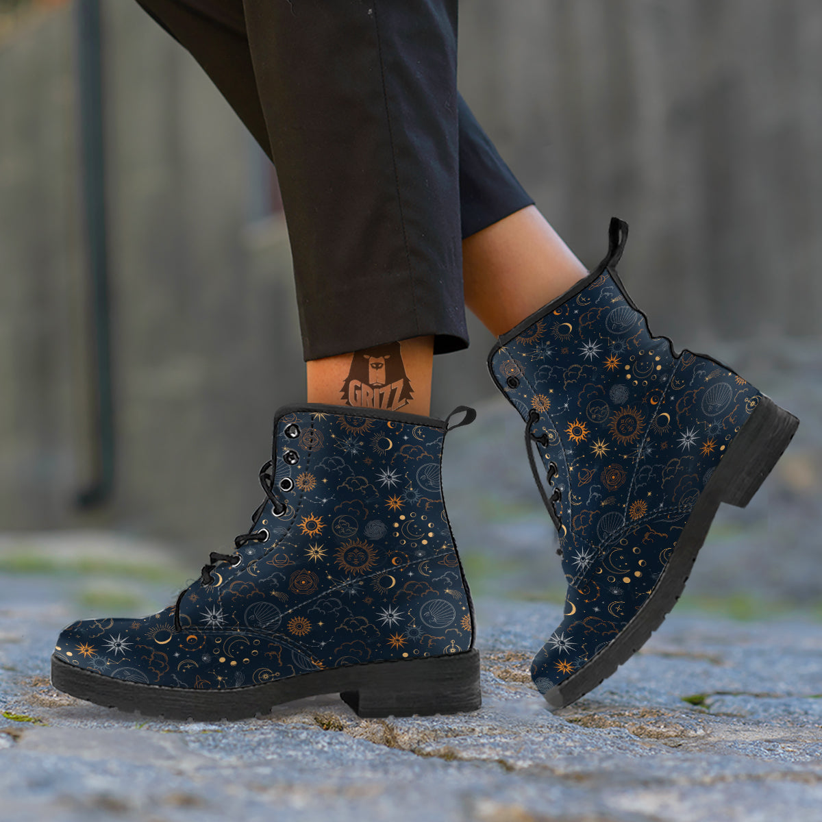 Celestial Vintage Print Pattern Leather Boots-grizzshop