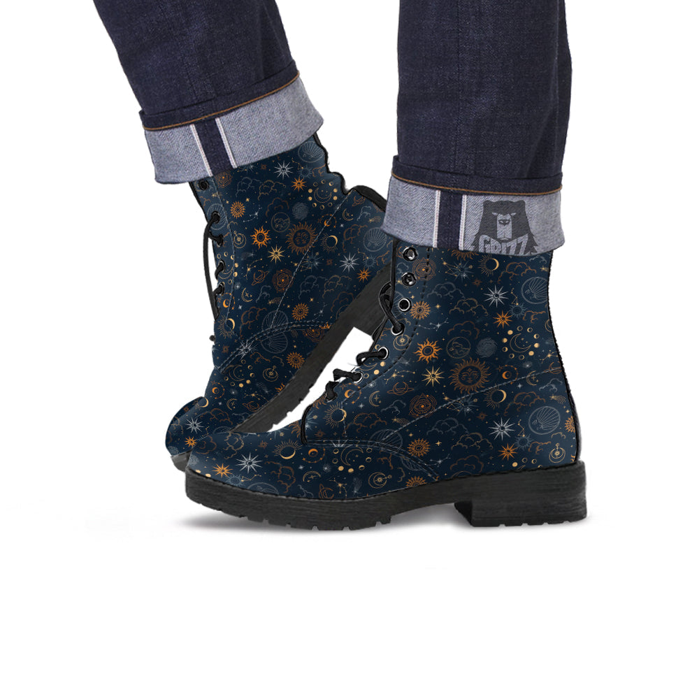 Celestial Vintage Print Pattern Leather Boots-grizzshop