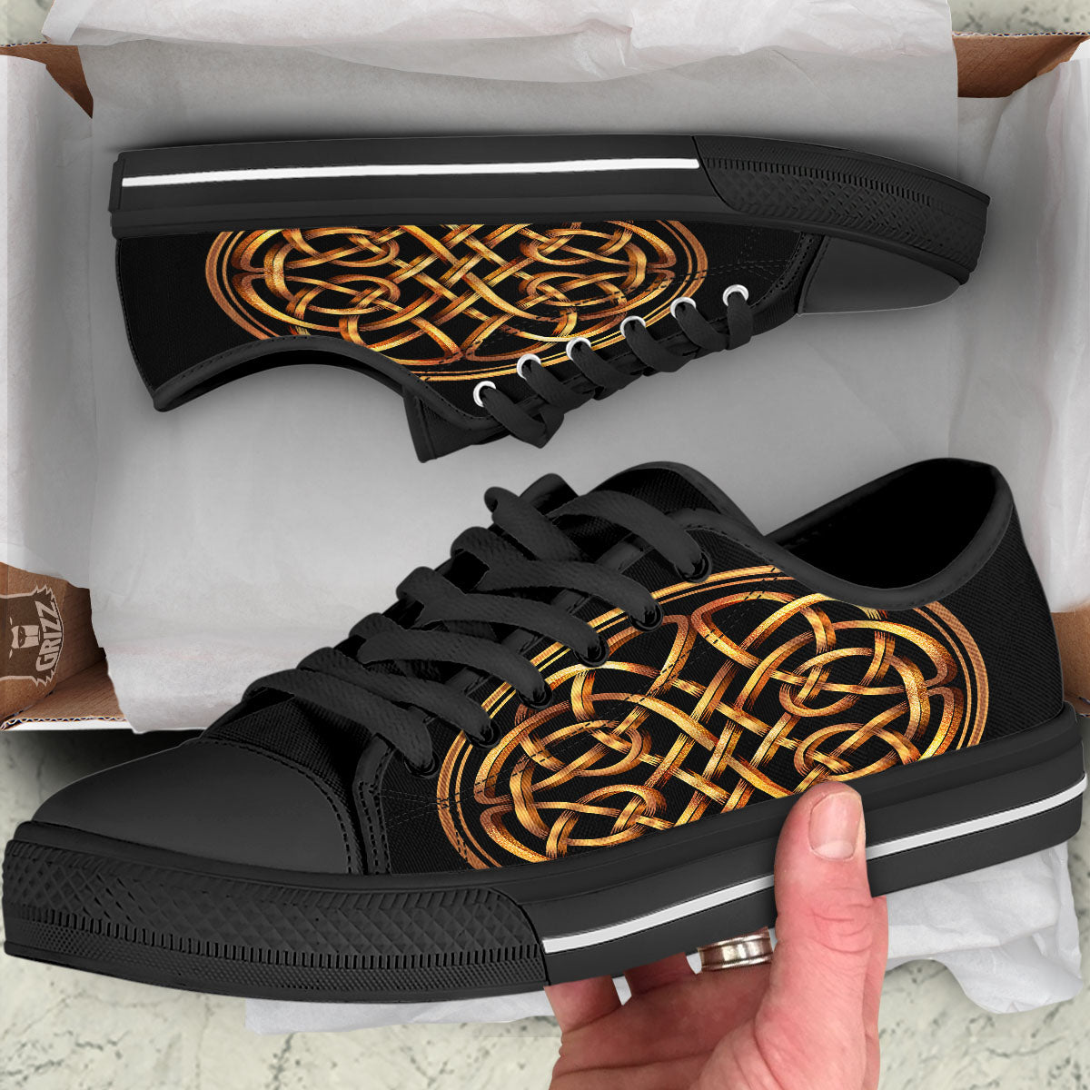 Celtic Knot Golden Print Black Low Top Shoes-grizzshop