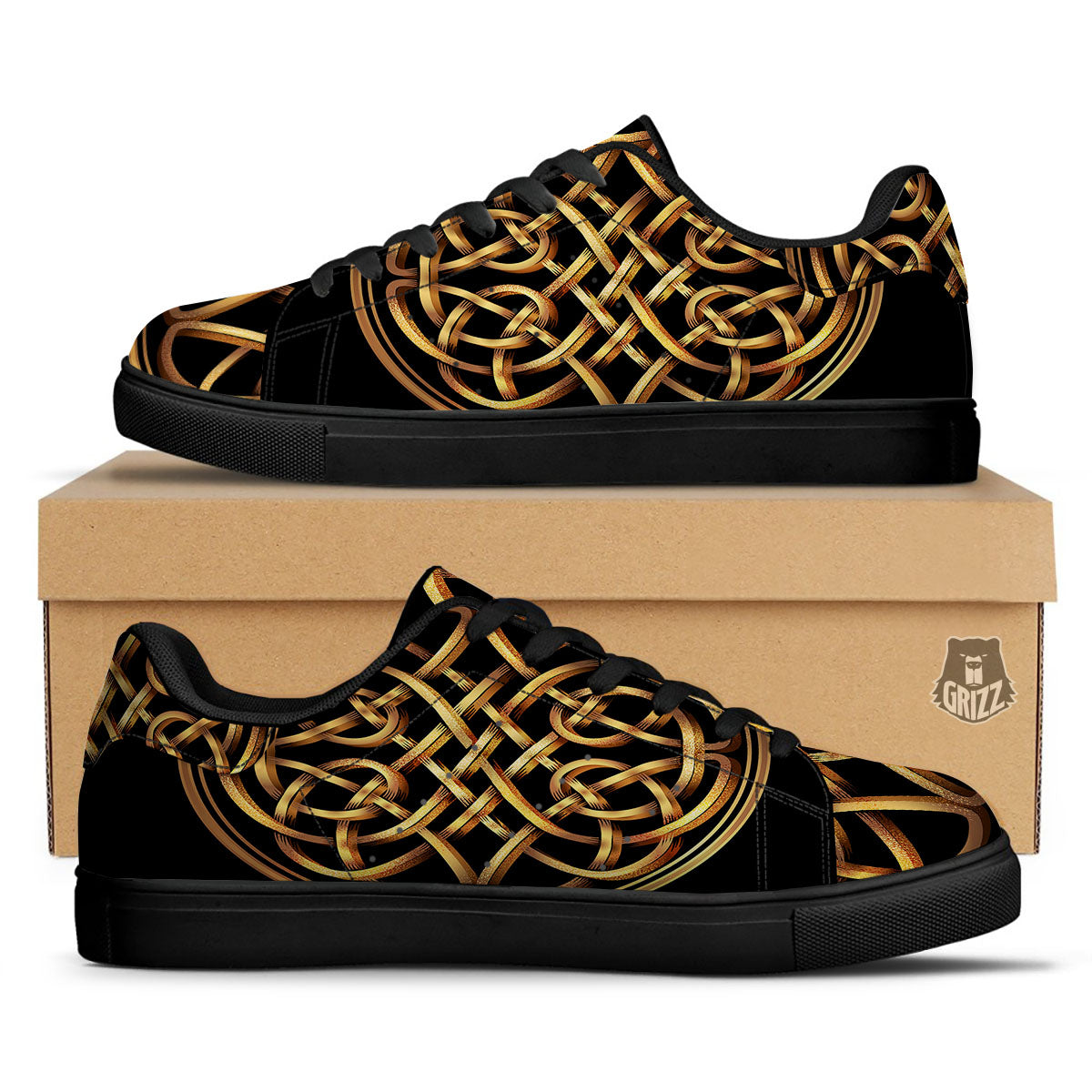 Celtic Knot Golden Print Black Low Top Sneakers-grizzshop