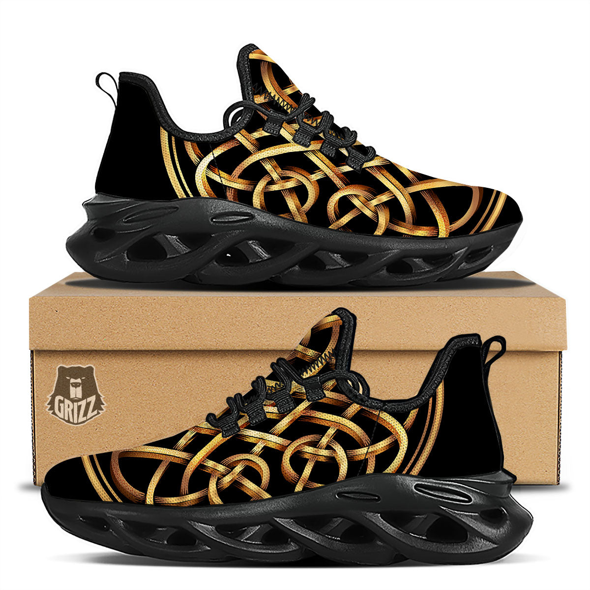 Celtic Knot Golden Print Black Running Shoes-grizzshop