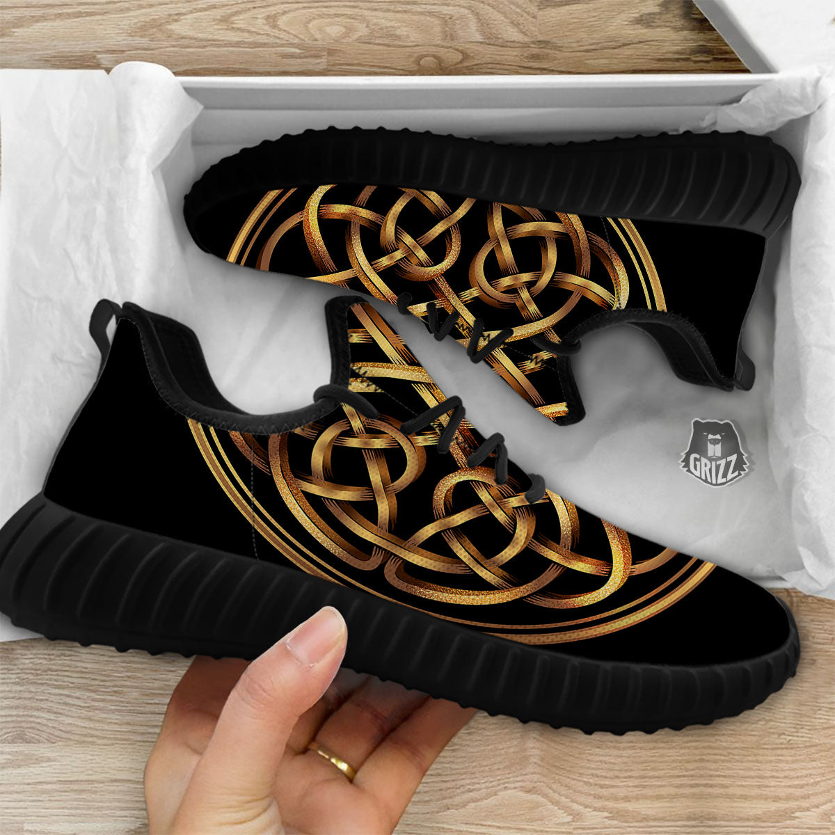 Celtic Knot Golden Print Black Walking Shoes-grizzshop
