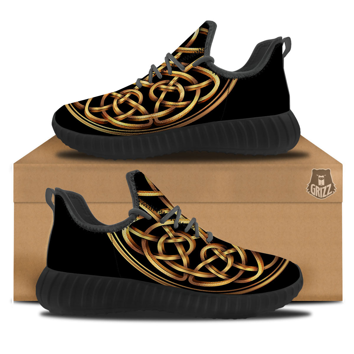 Celtic Knot Golden Print Black Walking Shoes-grizzshop