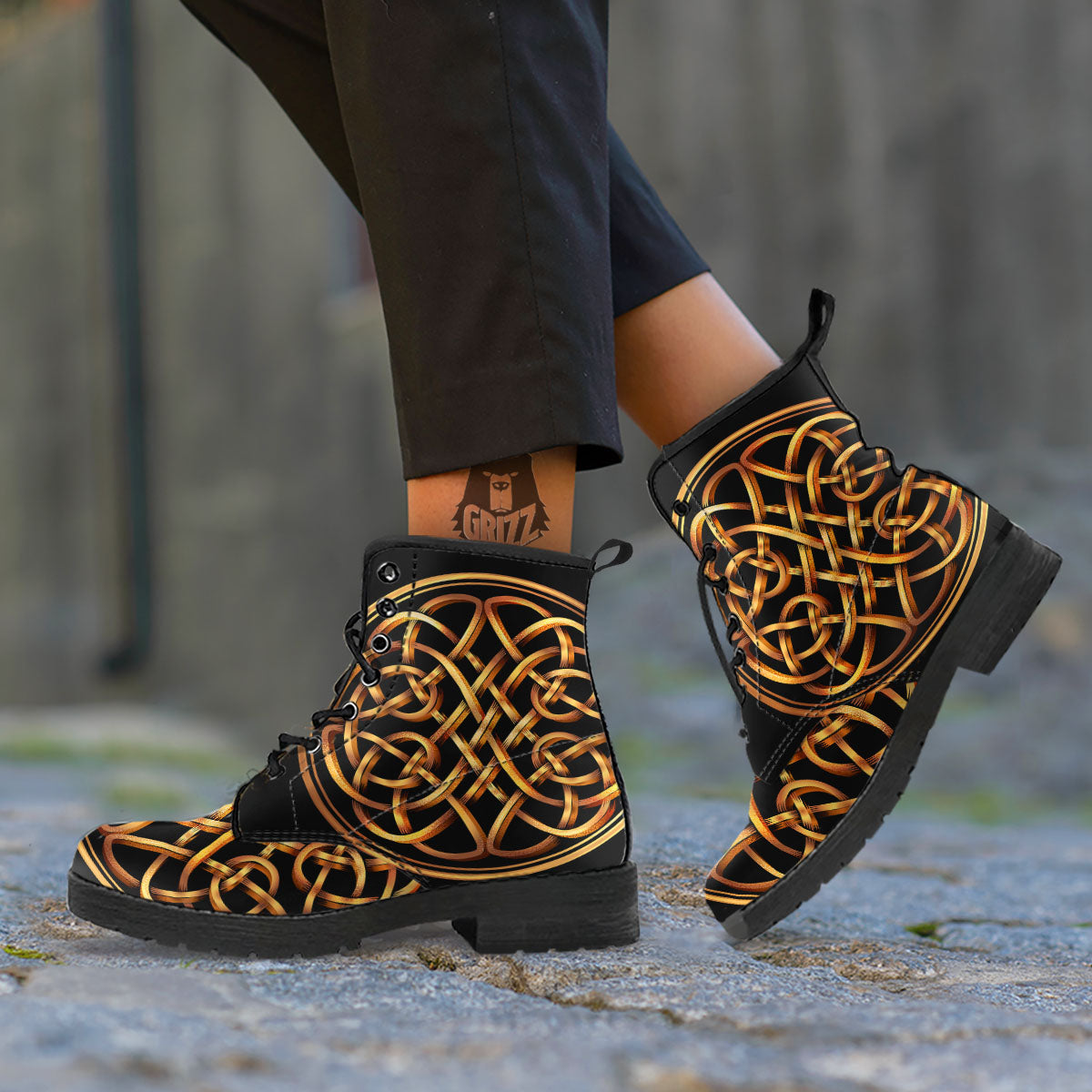 Celtic Knot Golden Print Leather Boots-grizzshop