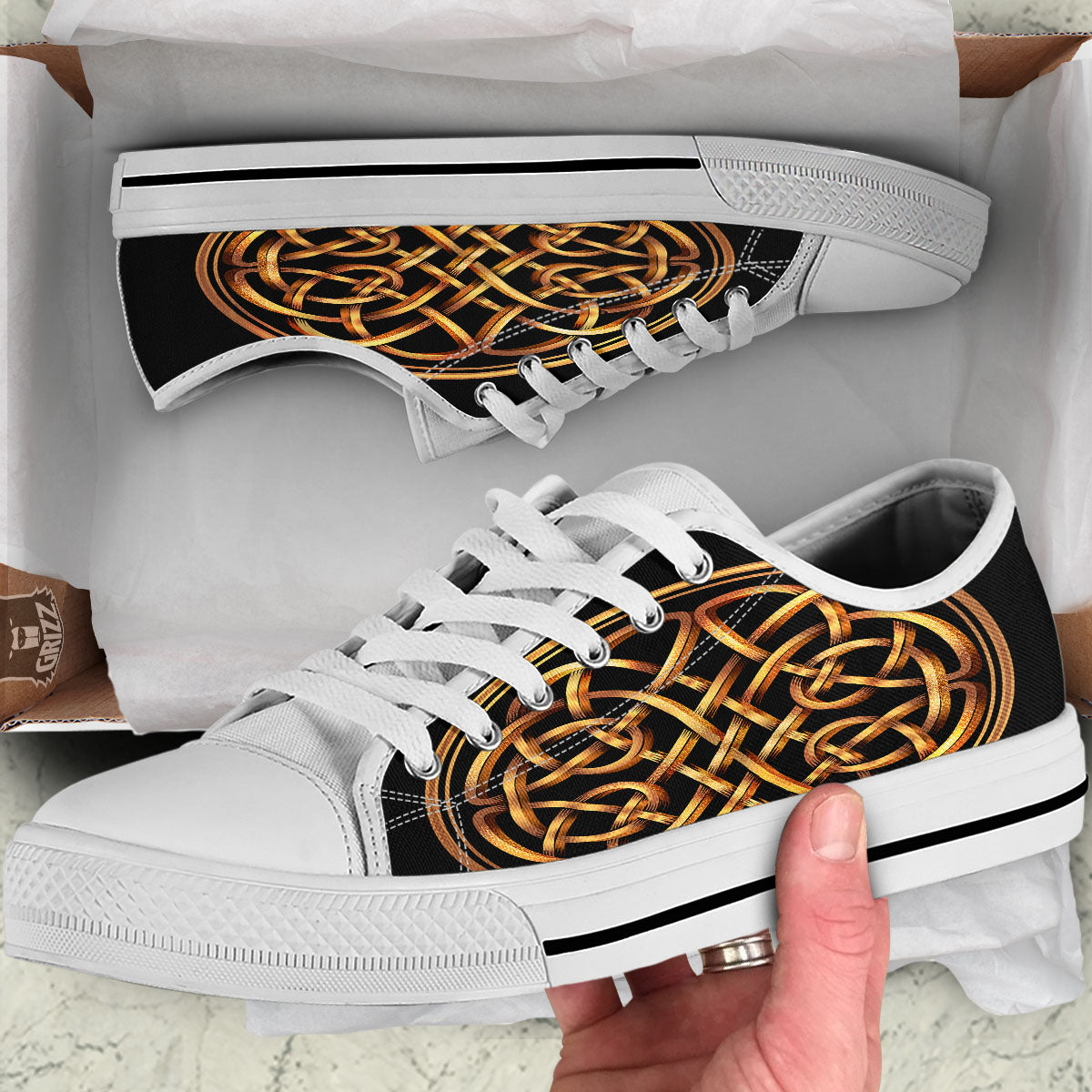 Celtic Knot Golden Print White Low Top Shoes-grizzshop