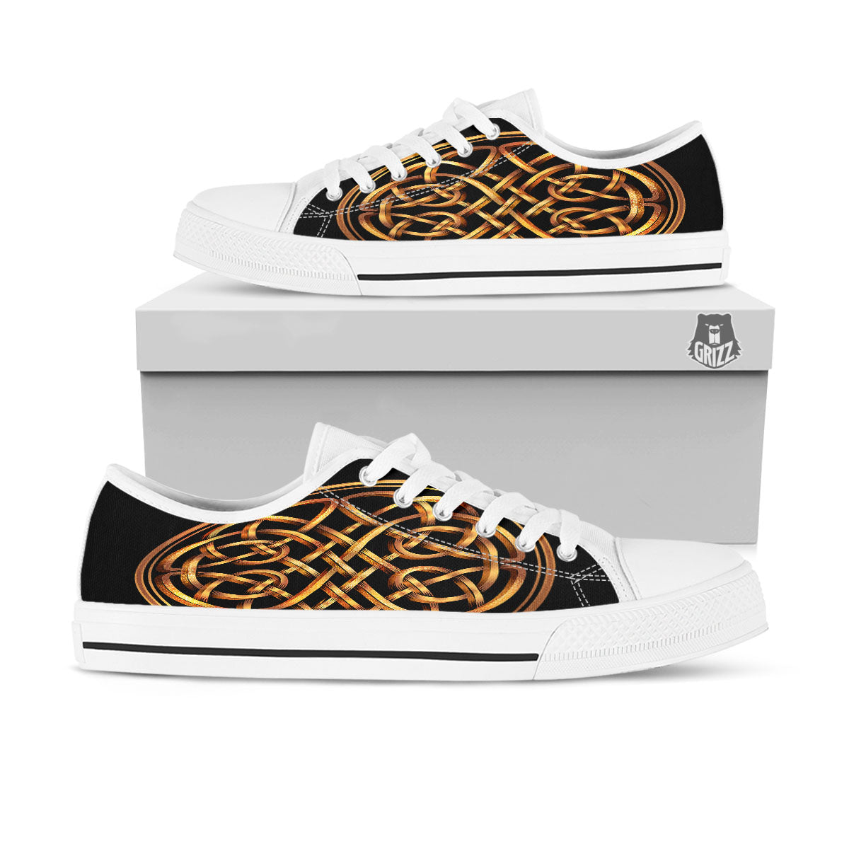 Celtic Knot Golden Print White Low Top Shoes-grizzshop