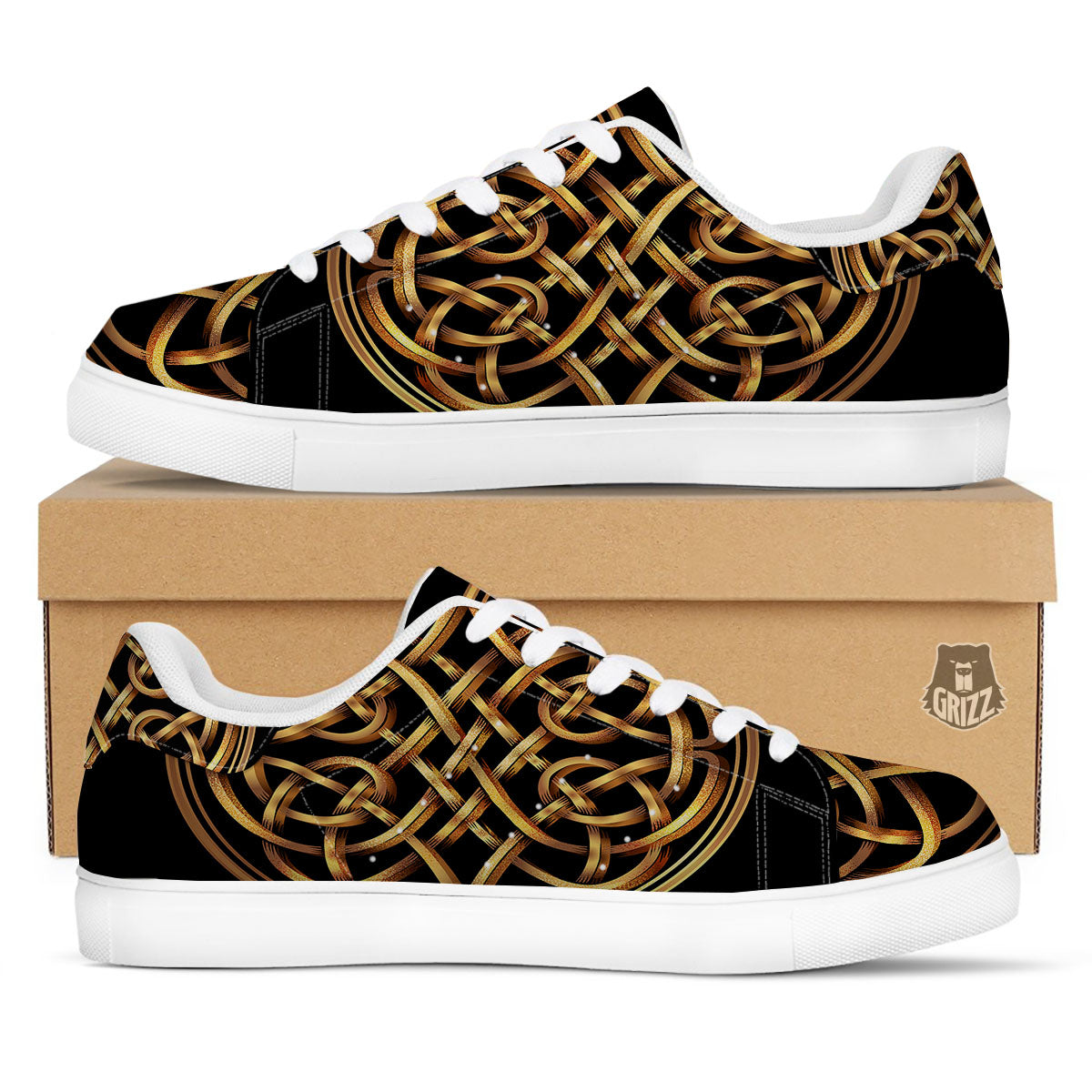 Celtic Knot Golden Print White Low Top Sneakers-grizzshop