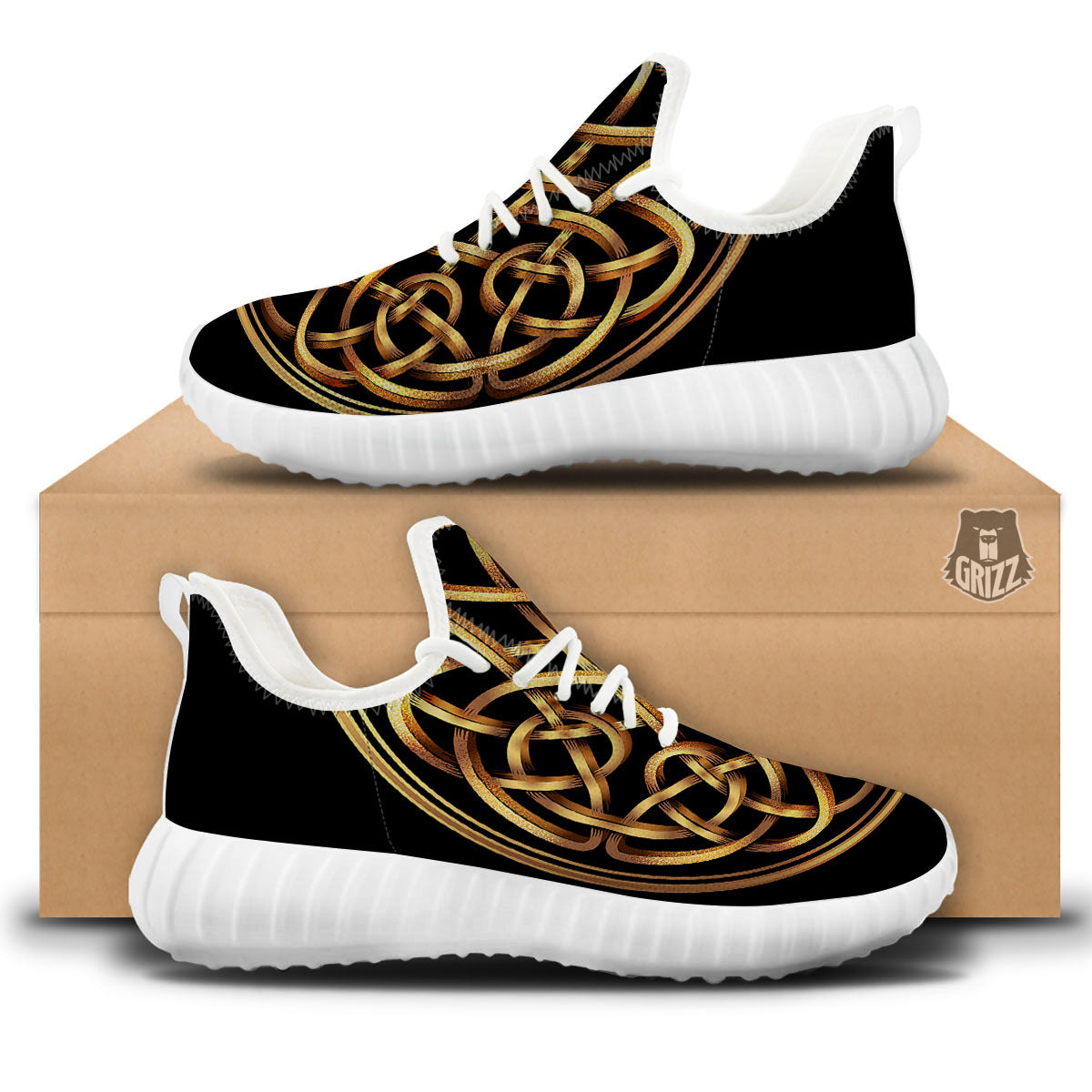 Celtic Knot Golden Print White Walking Shoes-grizzshop